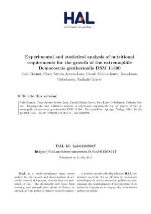Experimental and Statistical Analysis of Nutritional Requirements for the Growth of the Extremophile Deinococcus Geothermalis DSM 11300