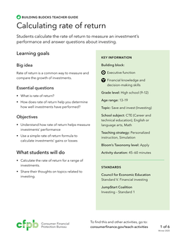 Calculating Rate of Return Students Calculate the Rate of Return to Measure an Investment’S Performance and Answer Questions About Investing