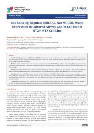 Bile Salts Up-Regulate MUC5AC, Not MUC5B, Mucin Expression in Cultured Airway Goblet Cell Model HT29-MTX Cell Line