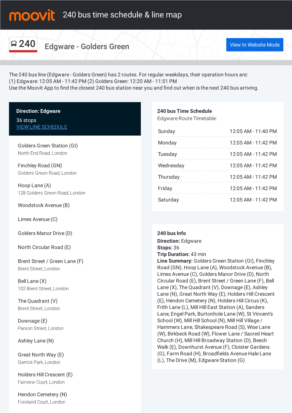 240 Bus Time Schedule & Line Route