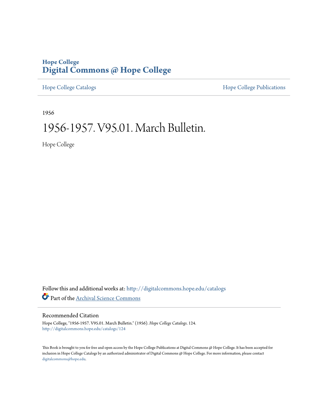 1956-1957. V95.01. March Bulletin. Hope College