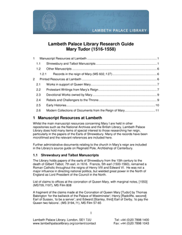Lambeth Palace Library Research Guide Mary Tudor (1516-1558)