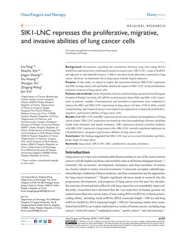 SIK1-LNC Represses the Proliferative, Migrative, and Invasive Abilities of Lung Cancer Cells