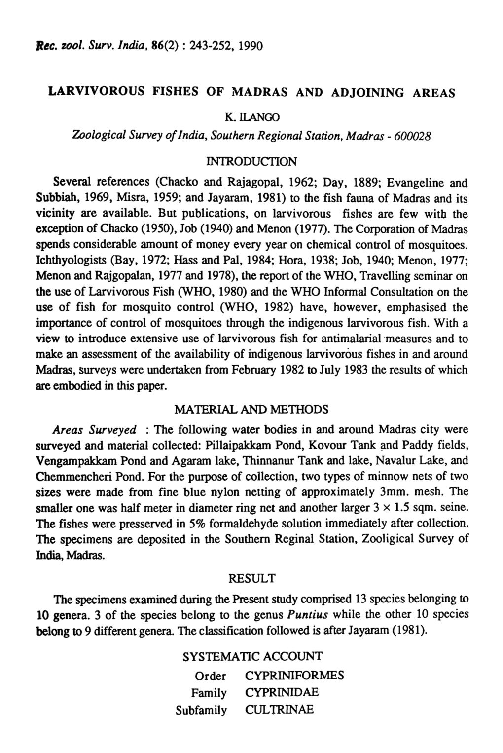 Larvivorous Fishes of Madras and Adjoining Areas