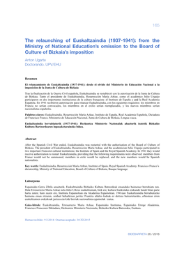 The Relaunching of Euskaltzaindia (1937-1941): from the Ministry of National Education’S Omission to the Board of Culture of Bizkaia’S Imposition