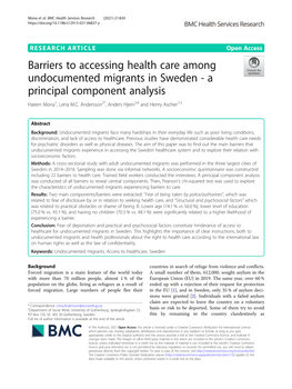 Barriers to Accessing Health Care Among Undocumented Migrants in Sweden - a Principal Component Analysis Hatem Mona1, Lena M.C