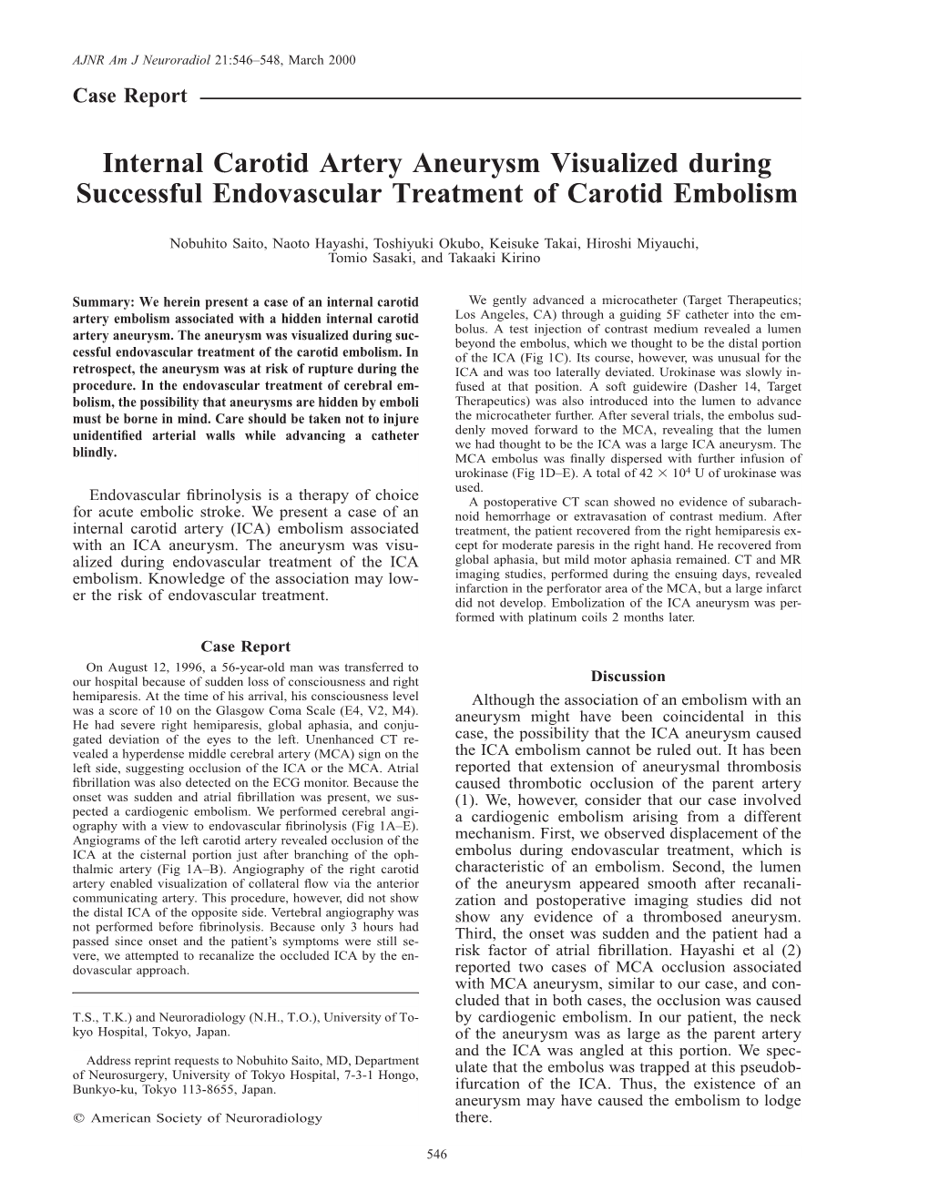 Internal Carotid Artery Aneurysm Visualized During Successful ...