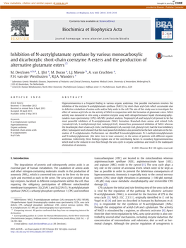 Inhibition of N-Acetylglutamate Synthase by Various Monocarboxylic and Dicarboxylic Short-Chain Coenzyme a Esters and the Production of Alternative Glutamate Esters☆