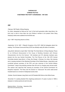 Chronology Chinese Politics in Between Two Party Congresses : 1997-2002