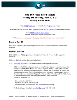 PBS TCA Press Tour Schedule Monday and Tuesday, July 30 & 31