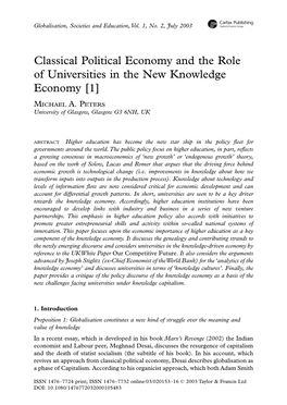 Classical Political Economy and the Role of Universities in the New Knowledge Economy [1]