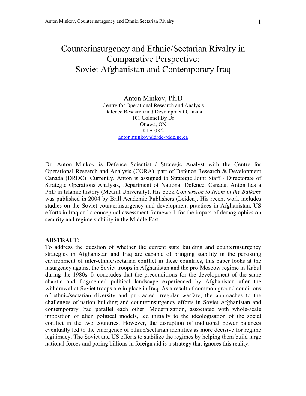 Counterinsurgency and Ethnic/Sectarian Rivalry in Comparative Perspective: Soviet Afghanistan and Contemporary Iraq