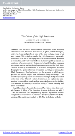 The Culture of the High Renaissance: Ancients and Moderns in Sixteenth-Century Rome Ingrid D