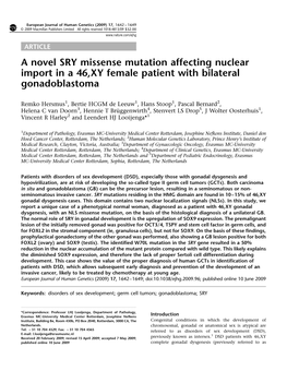 A Novel SRY Missense Mutation Affecting Nuclear Import in a 46,XY Female Patient with Bilateral Gonadoblastoma