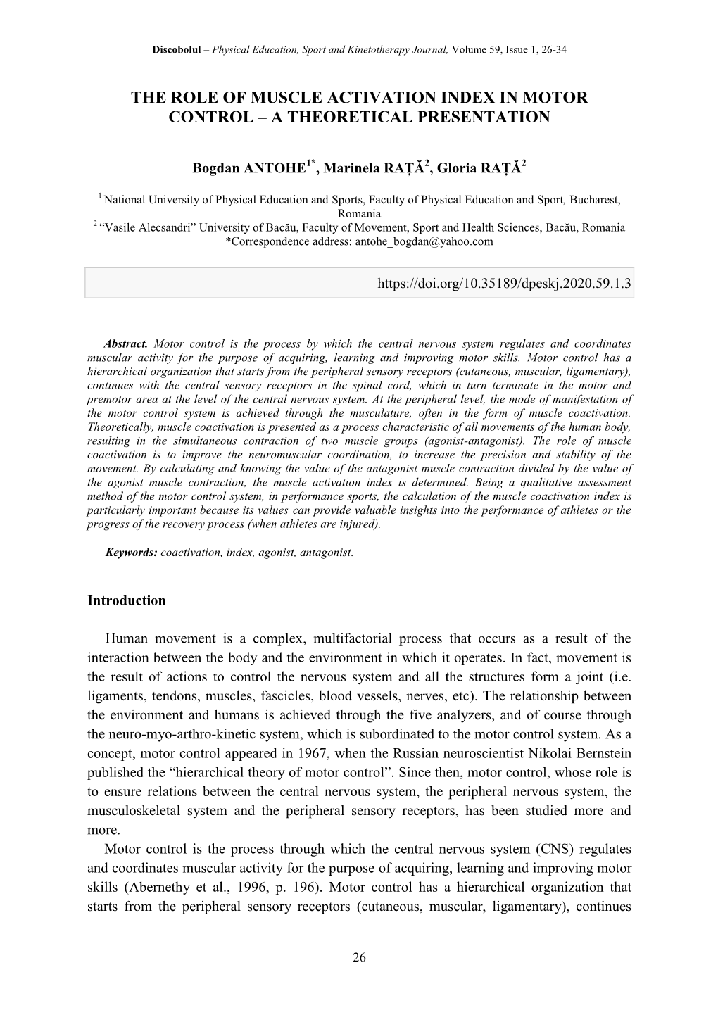 The Role of Muscle Activation Index in Motor Control – a Theoretical Presentation