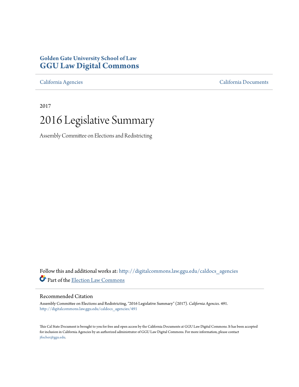 2016 Legislative Summary Assembly Committee on Elections and Redistricting