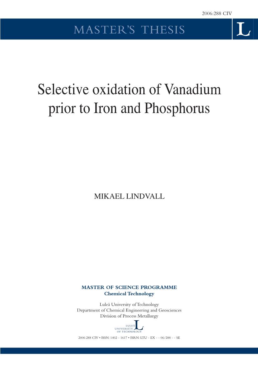 Selective Oxidation of Vanadium Prior to Iron and Phosphorus