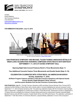 San Francisco Symphony and Michael Tilson Thomas Announce Details of Week-Long Celebration Honoring Composer Steve Reich's
