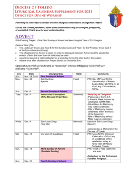 Liturgical Calendar 2021