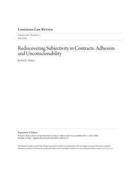 Rediscovering Subjectivity in Contracts: Adhesion and Unconscionability Richard L