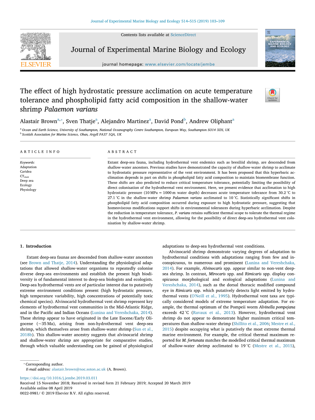 The Effect of High Hydrostatic Pressure Acclimation on Acute Temperature