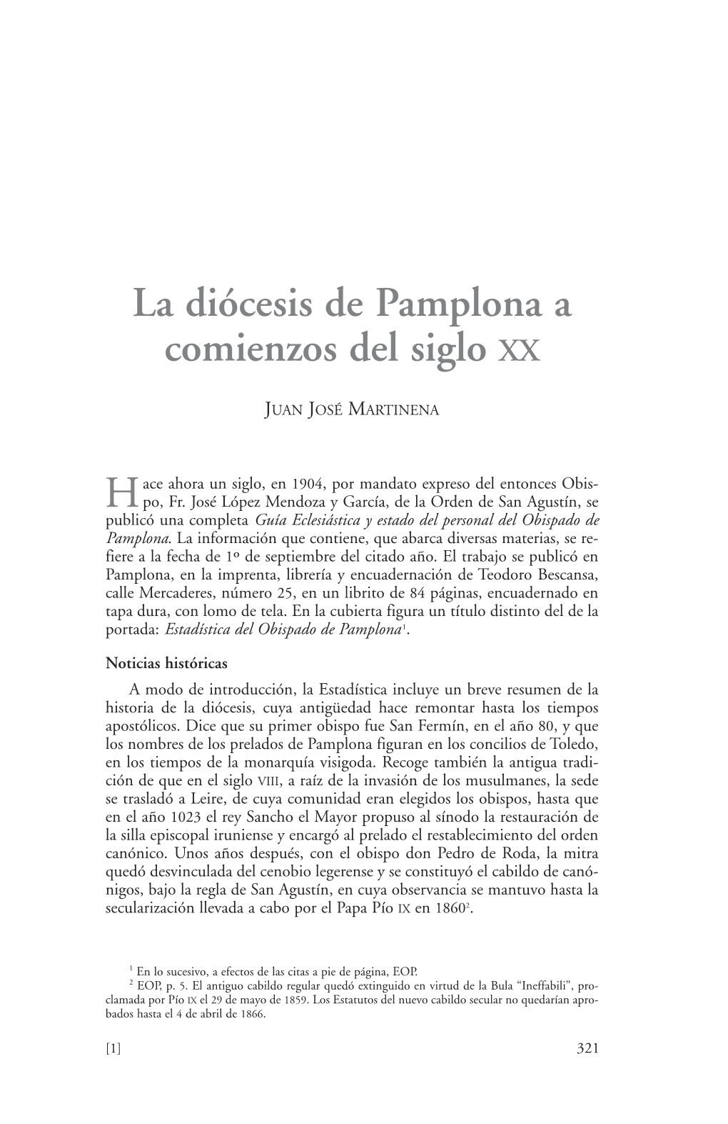 La Diócesis De Pamplona a Comienzos Del Siglo XX
