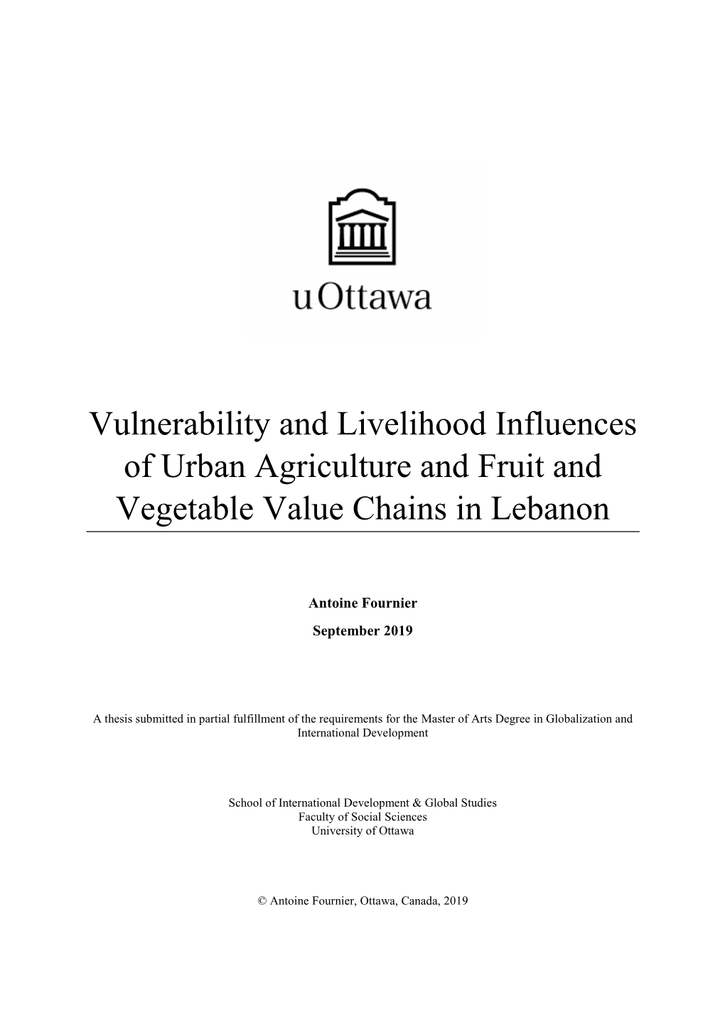 Vulnerability And Livelihood Influences Of Urban Agriculture And Fruit And Vegetable Value