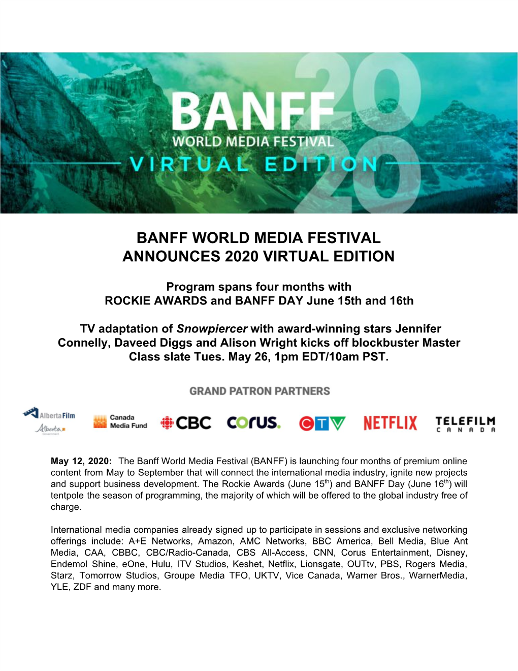 Banff World Media Festival Announces 2020 Virtual Edition