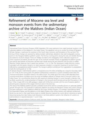 Refinement of Miocene Sea Level and Monsoon Events from the Sedimentary Archive of the Maldives (Indian Ocean) C