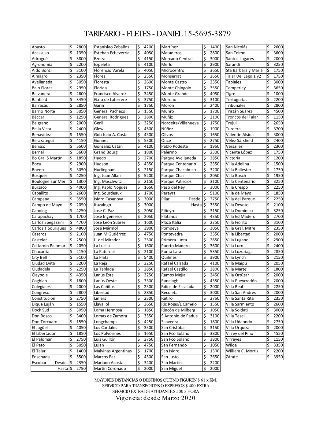 Tarifario - Fletes - Daniel 15-5695-3879
