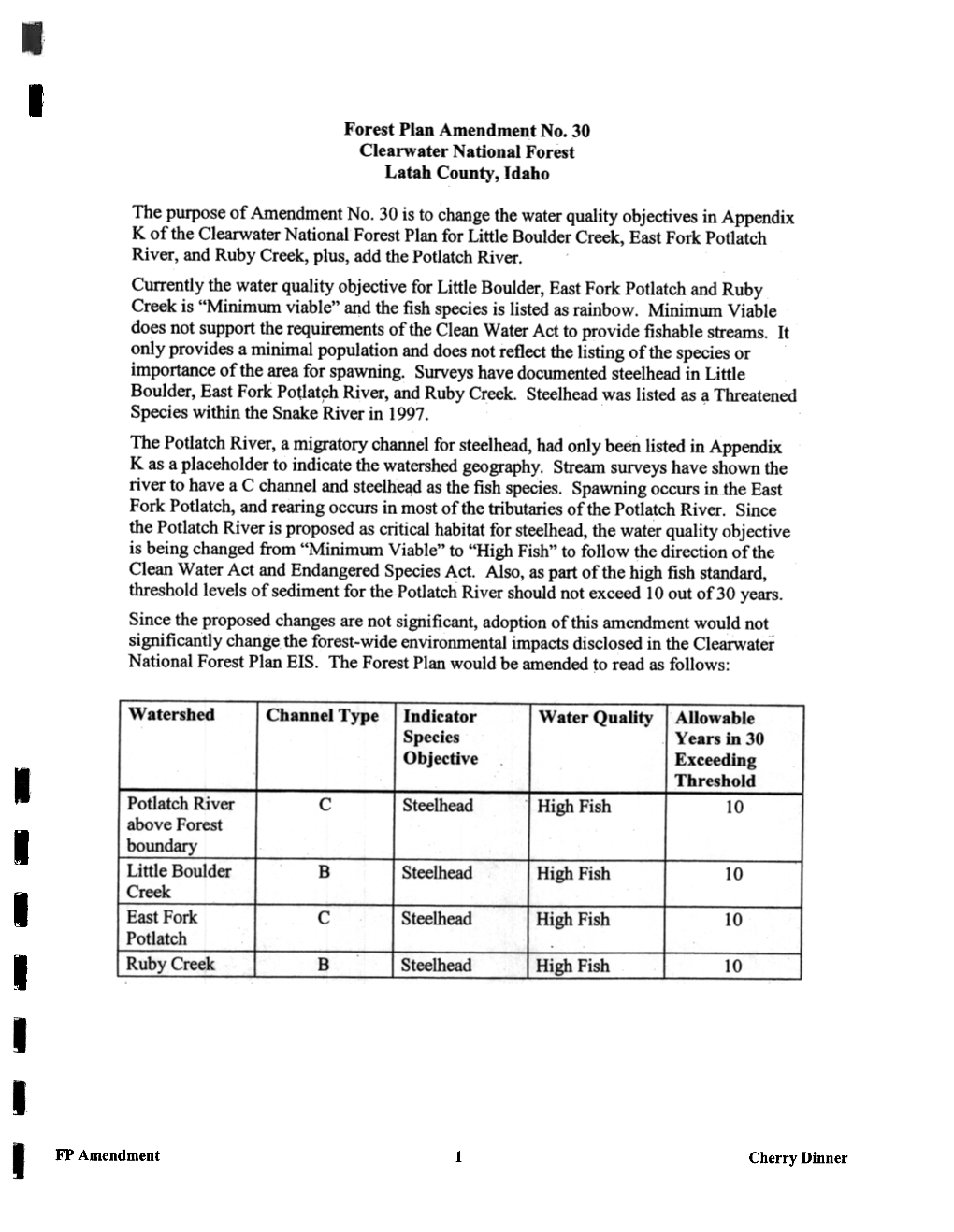 Forest Plan Amendment No. 30 Clearwater National Forest Latah