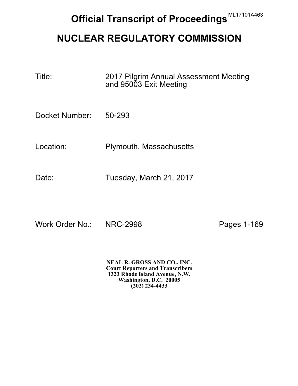 03/21/2017 Transcript of Annual Assessment/95003 Inspection Exit