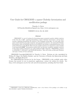 User Guide for CHOLMOD: a Sparse Cholesky Factorization and Modiﬁcation Package