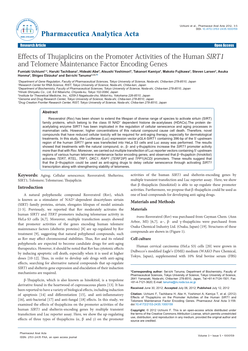 Effect of Thujaplicins on the Promoter Activities of the Human SIRT1 And