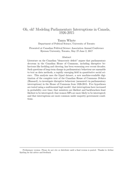 Oh, Oh! Modeling Parliamentary Interruptions in Canada, 1926-2015
