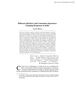 Different Othello(S) and Contentious Spectators: Changing Responses in India1 Nandi Bhatia