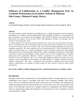 Influence of Collaboration As a Conflict Management Style on Academic Performance in Secondary Schools in Makueni Sub-County, Makueni County, Kenya