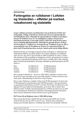 Forlengelse Av Rullebaner I Lofoten Og Vesterålen – Effekter På Marked, Ruteøkonomi Og Statstøtte