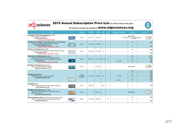 2015 Annual Subscription Price List (In US$ for Clients in the USA) $ All Electronic Journals Are Available At