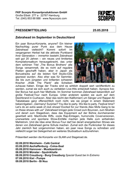 PRESSEMITTEILUNG 25.05.2018 Zebrahead Im September in Deutschland