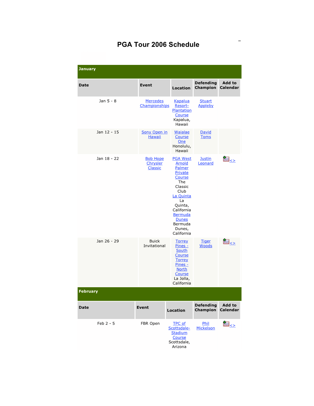 2006 Pga Tour Schedule