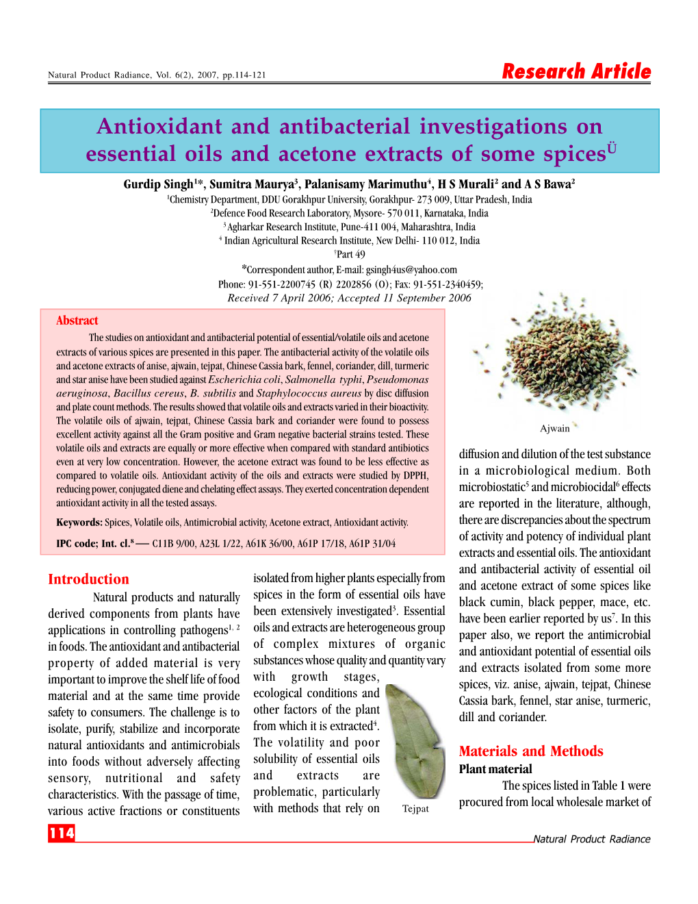 Antioxidant and Antibacterial Investigations on Essential Oils And