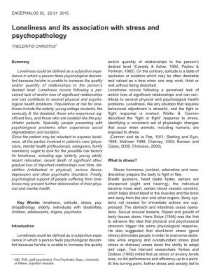 Loneliness and Its Association with Stress and Psychopathology THELERITIS CHRISTOS *