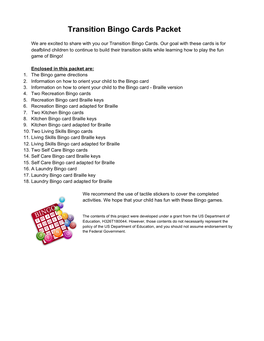 Transition Bingo Cards Packet