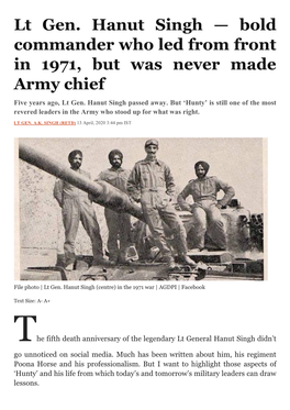 Lt Gen. Hanut Singh — Bold Commander Who Led from Front in 1971, but Was Never Made Army Chief Five Years Ago, Lt Gen