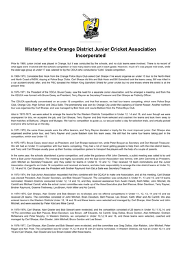 History of the Orange District Junior Cricket Association Incorporated