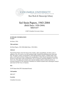 Sol Stein Papers, 1943-2004 (Bulk Dates: 1950-2004) MS#1437