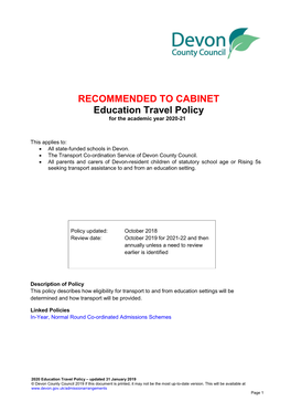RECOMMENDED to CABINET Education Travel Policy for the Academic Year 2020-21
