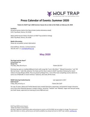 Press Calendar of Events: Summer 2020