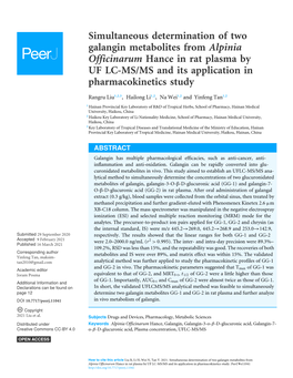 Simultaneous Determination of Two Galangin Metabolites from Alpinia Officinarum Hance in Rat Plasma by UF LC-MS/MS and Its Application in Pharmacokinetics Study